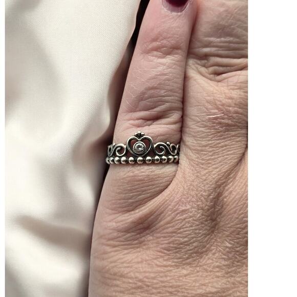 PANDORA Sterling Silver Princess Tiara Crown Vintage Ring - Size 7.5 - Picture 1 of 7